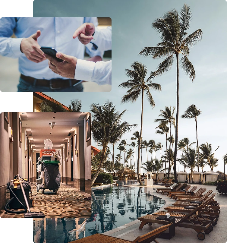 Luxury hotel staff and vendors coordinating tasks in a modern property, highlighting communication challenges