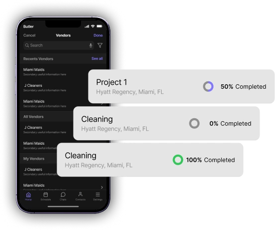 Vendor dashboard in ButlerVM – real-time team tracking, professional updates, photo logs, and communication tools for hotel service providers